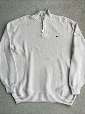 Lacoste Men’s White Ribbed Zip-Neck Sweater with Croc Logo